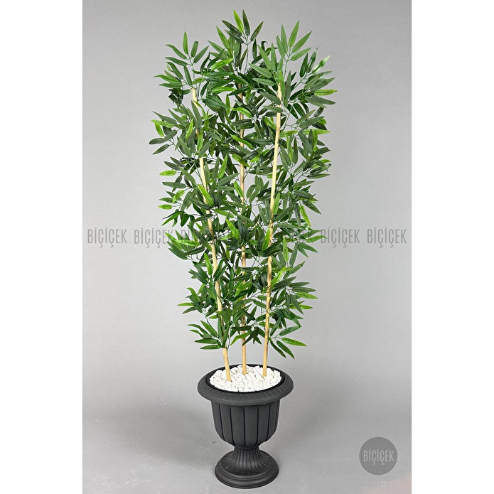 Biçiçek Yapay Bambu Ağacı 140cm Yoğun Yapraklı Antrasit Renk Nergis Saksıda