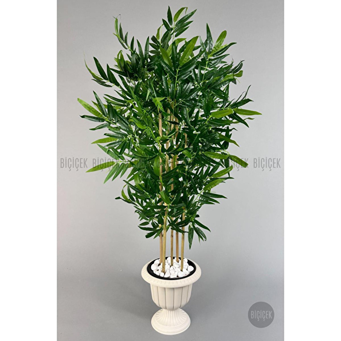 Biçiçek Yapay Bambu Ağacı 170cm Büyük Yapraklı 5 Bambulu Kırık Beyaz Renk Nergis Saksıda Yapay Ağaç