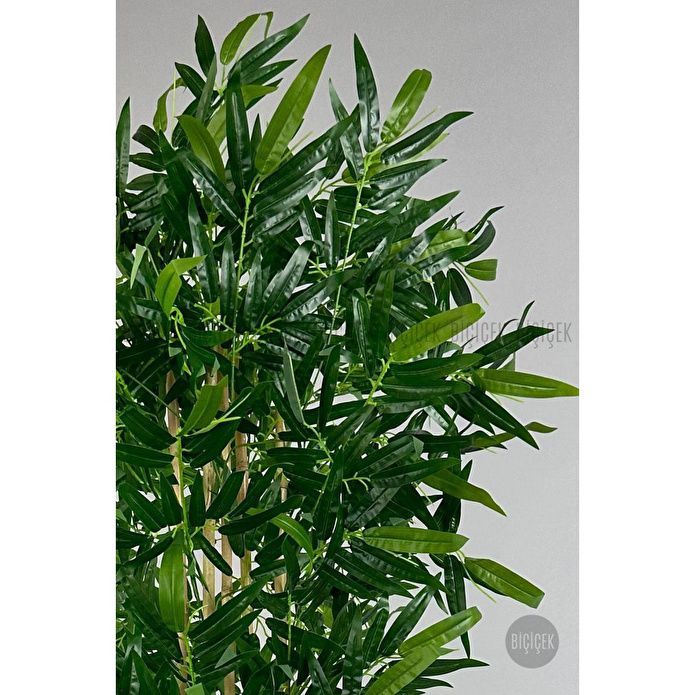 Biçiçek Yapay Bambu Ağacı 170cm Büyük Yapraklı 5 Bambulu Kırık Beyaz Renk Nergis Saksıda Yapay Ağaç