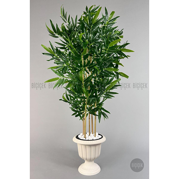 Biçiçek Yapay Bambu Ağacı 170cm Büyük Yapraklı 5 Bambulu Kırık Beyaz Renk Nergis Saksıda Yapay Ağaç