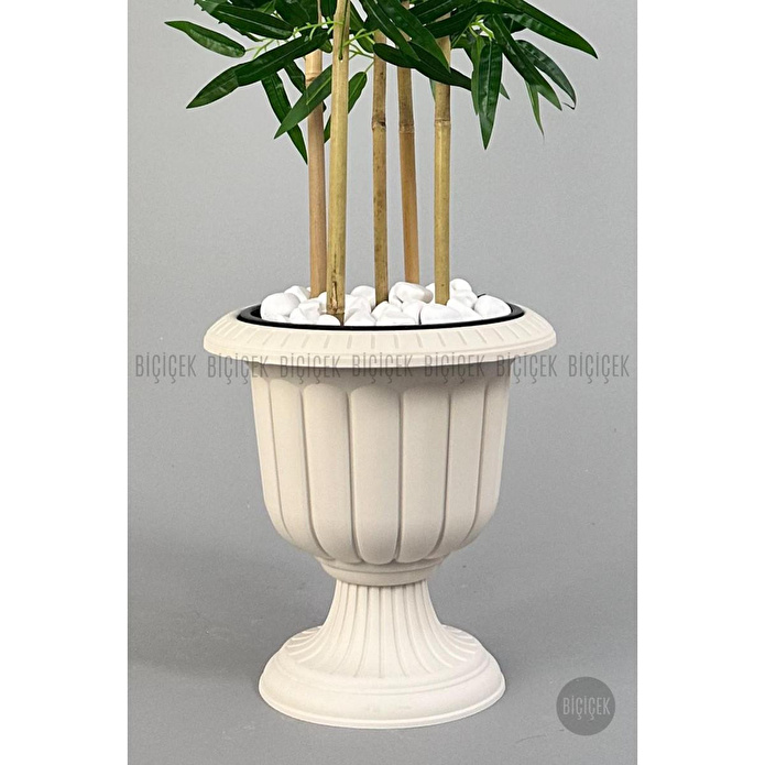 Biçiçek Yapay Bambu Ağacı 170cm Büyük Yapraklı 5 Bambulu Kırık Beyaz Renk Nergis Saksıda Yapay Ağaç