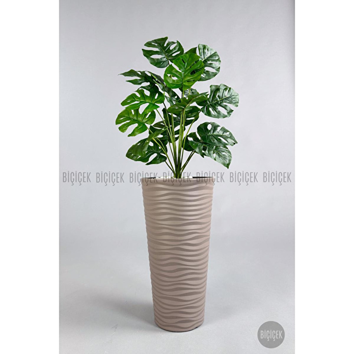 Biçiçek Yapay Çiçek Salon Bitkisi Monstera Deve Tabanı Bej Renk Kumsal Saksıda