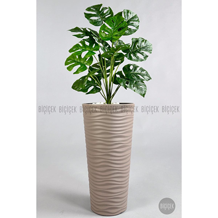 Biçiçek Yapay Çiçek Salon Bitkisi Monstera Deve Tabanı Bej Renk Kumsal Saksıda