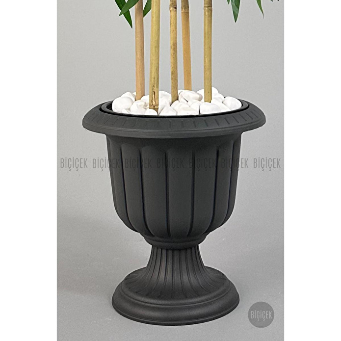 Biçiçek Yapay Bambu Ağacı 170cm Büyük Yapraklı 5 Bambulu Antrasit Renk Nergis Saksıda Yapay Ağaç