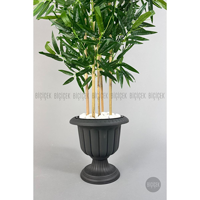 Biçiçek Yapay Bambu Ağacı 170cm Büyük Yapraklı 5 Bambulu Antrasit Renk Nergis Saksıda Yapay Ağaç