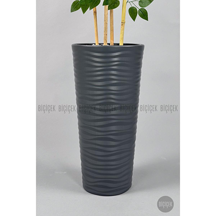 Biçiçek Yapay Benjamin Ağacı 180cm Yoğun Yapraklı Bambu Gövdeli Antrasit Renk Kumsal Saksıda