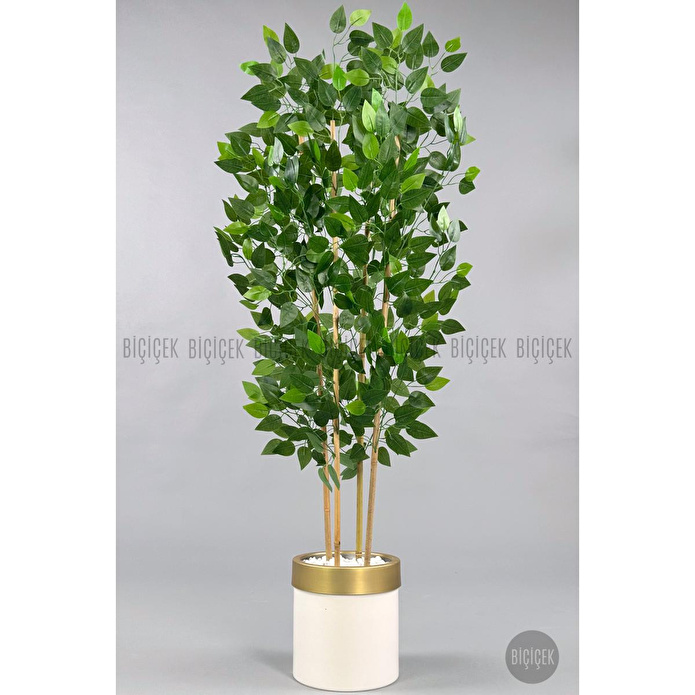 Biçiçek Yapay Benjamin Ağacı 140cm Krem Gold Metal Saksıda