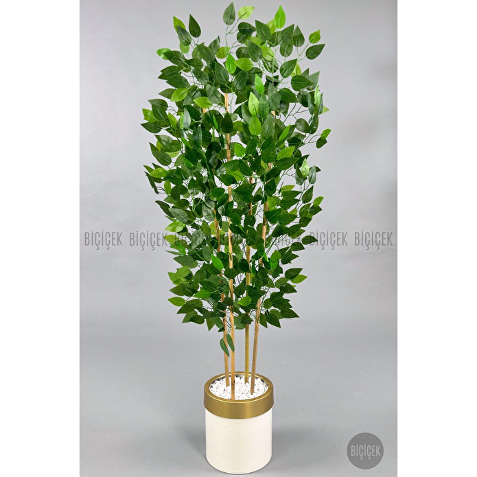 Biçiçek Yapay Benjamin Ağacı 140cm Krem Gold Metal Saksıda