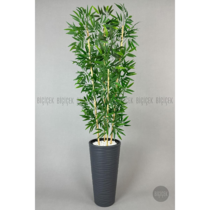 Biçiçek Yapay Bambu Ağacı 180cm Yoğun Yapraklı Antrasit Renk Kumsal Saksıda