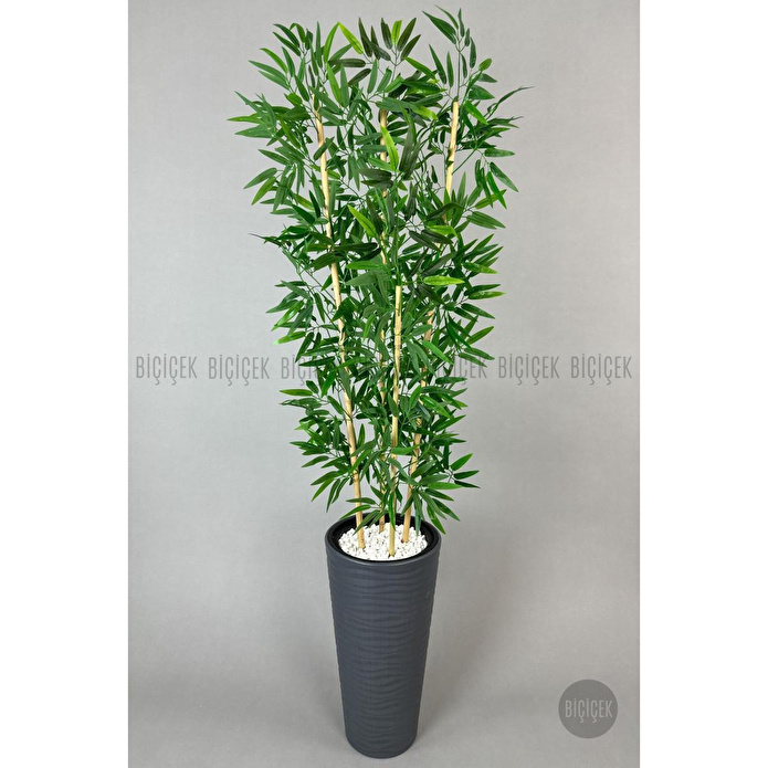 Biçiçek Yapay Bambu Ağacı 180cm Yoğun Yapraklı Antrasit Renk Kumsal Saksıda