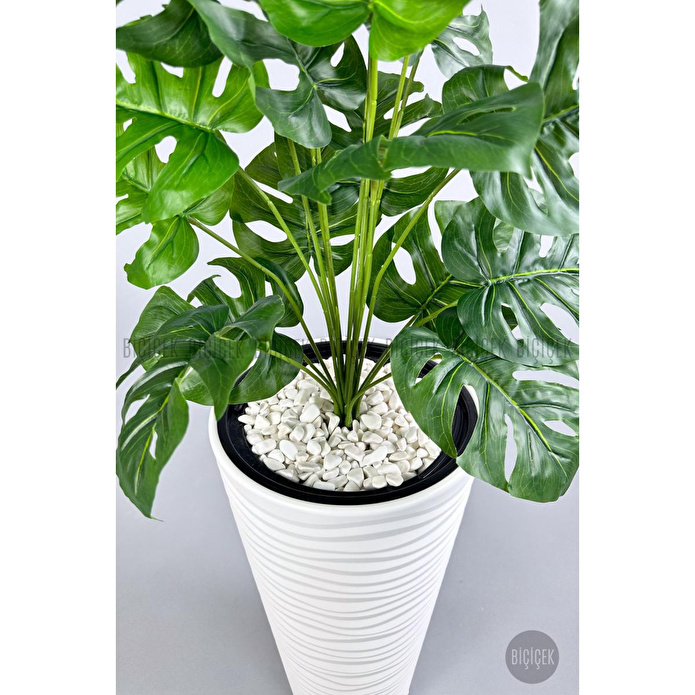Biçiçek Yapay Çiçek Salon Bitkisi Monstera Deve Tabanı Beyaz Renk Kumsal Saksıda
