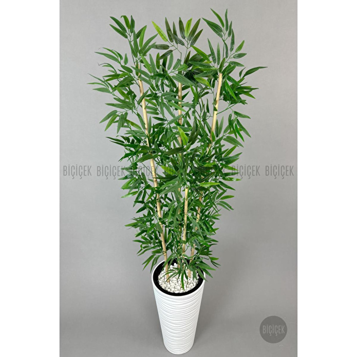 Biçiçek Yapay Bambu Ağacı 180cm Yoğun Yapraklı Beyaz Renk Kumsal Saksıda