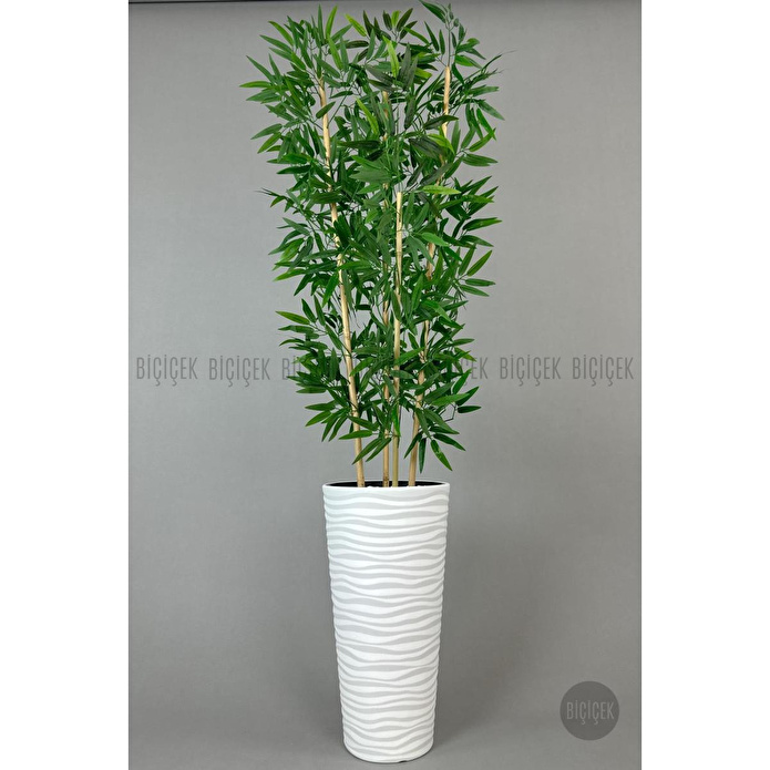 Biçiçek Yapay Bambu Ağacı 180cm Yoğun Yapraklı Beyaz Renk Kumsal Saksıda