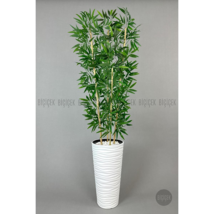 Biçiçek Yapay Bambu Ağacı 180cm Yoğun Yapraklı Beyaz Renk Kumsal Saksıda