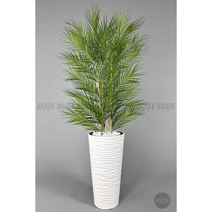 Biçiçek Yapay Areka Ağacı Palmiye Ağacı 33 Yapraklı Bambu Gövdeli Beyaz Kumsal Saksı Salon Çiçeği 150cm