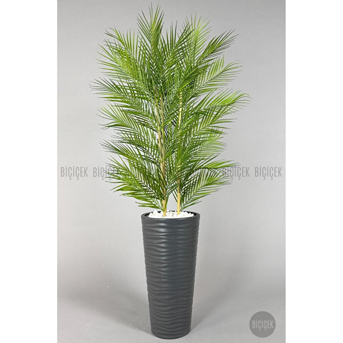 Biçiçek Yapay Areka Ağacı Palmiye Ağacı 33 Yapraklı Bambu Gövdeli Antrasit Kumsal Saksı Salon Çiçeği 150cm