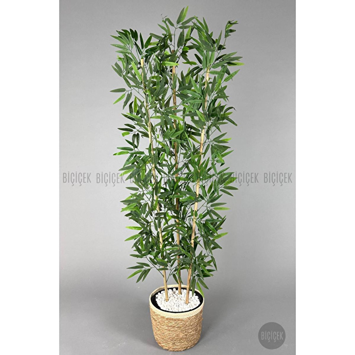 Biçiçek Yapay Bambu Ağacı 140cm Hasır Saksıda Siyah-gümüş