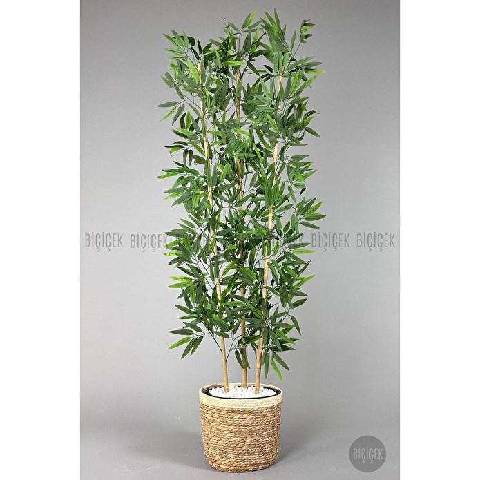 Biçiçek Yapay Bambu Ağacı 140cm Hasır Saksıda Siyah-gümüş