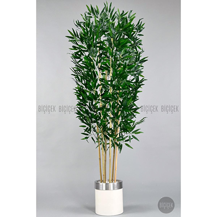Biçiçek Yapay Bambu Ağacı 170cm Krem Metal Saksıda Gümüş