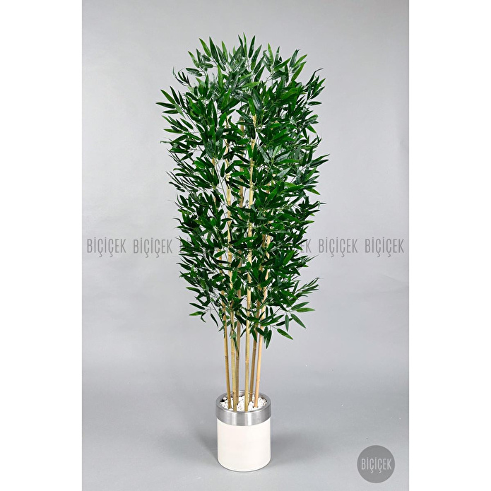 Biçiçek Yapay Bambu Ağacı 170cm Krem Metal Saksıda Gümüş