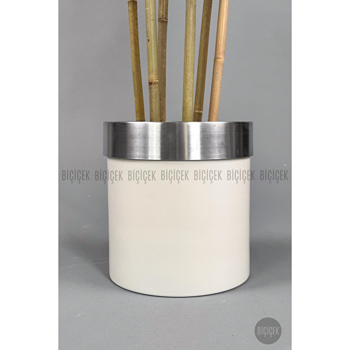 Biçiçek Yapay Bambu Ağacı 170cm Krem Metal Saksıda Gümüş