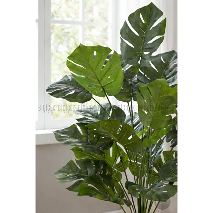 Biçiçek Yapay Çiçek Salon Bitkisi Monstera Deve Tabanı Kırıkbeyaz Renk Yalı Saksıda