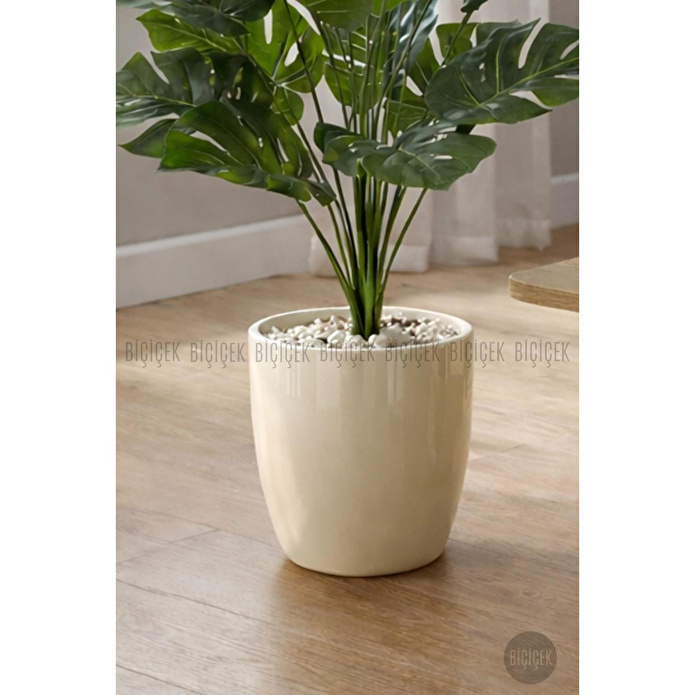 Biçiçek Yapay Çiçek Salon Bitkisi Monstera Deve Tabanı Kırıkbeyaz Renk Yalı Saksıda
