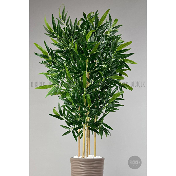 Biçiçek Yapay Bambu Ağacı 185cm Büyük Yapraklı 5 Bambulu Bej Renk Kumsal Saksıda Yapay Ağaç
