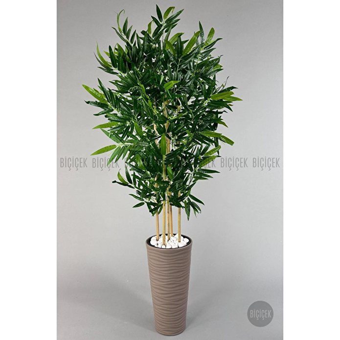 Biçiçek Yapay Bambu Ağacı 185cm Büyük Yapraklı 5 Bambulu Bej Renk Kumsal Saksıda Yapay Ağaç