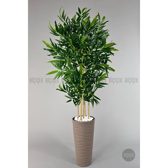 Biçiçek Yapay Bambu Ağacı 185cm Büyük Yapraklı 5 Bambulu Bej Renk Kumsal Saksıda Yapay Ağaç