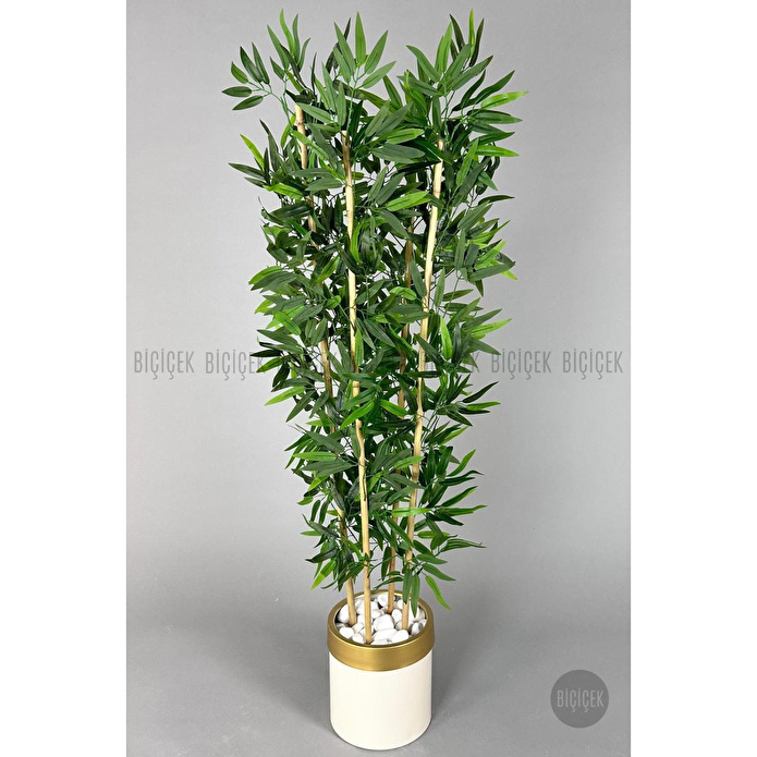 Biçiçek Yapay Bambu Ağacı 140cm Krem Gold Metal Saksıda