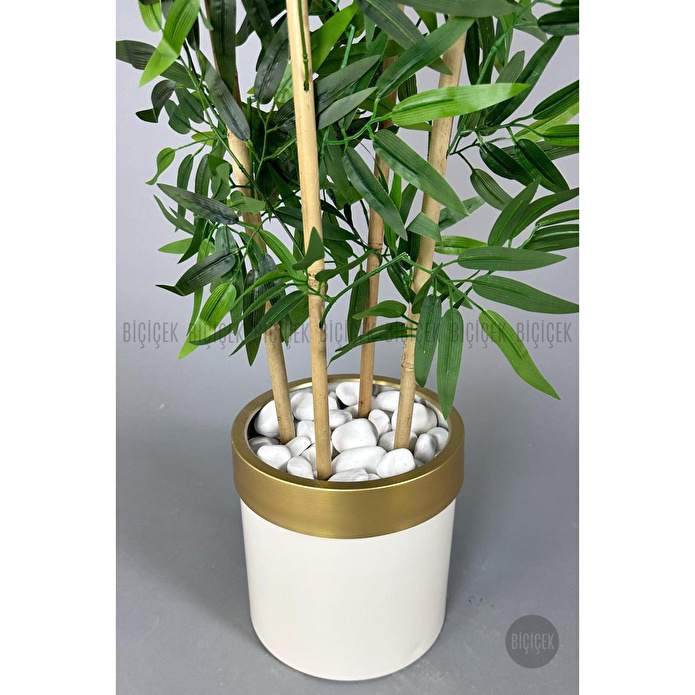 Biçiçek Yapay Bambu Ağacı 140cm Krem Gold Metal Saksıda