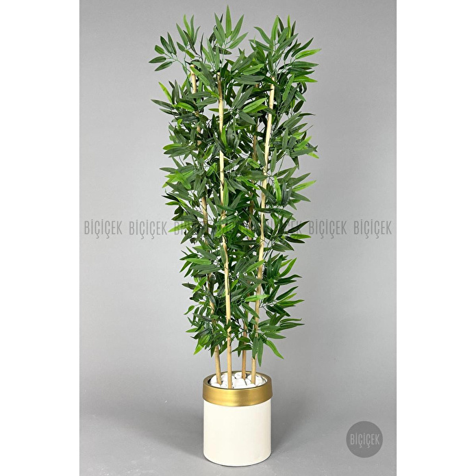 Biçiçek Yapay Bambu Ağacı 140cm Krem Gold Metal Saksıda