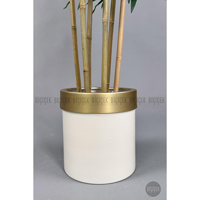 Biçiçek Yapay Bambu Ağacı 170cm Krem Metal Saksıda Gold