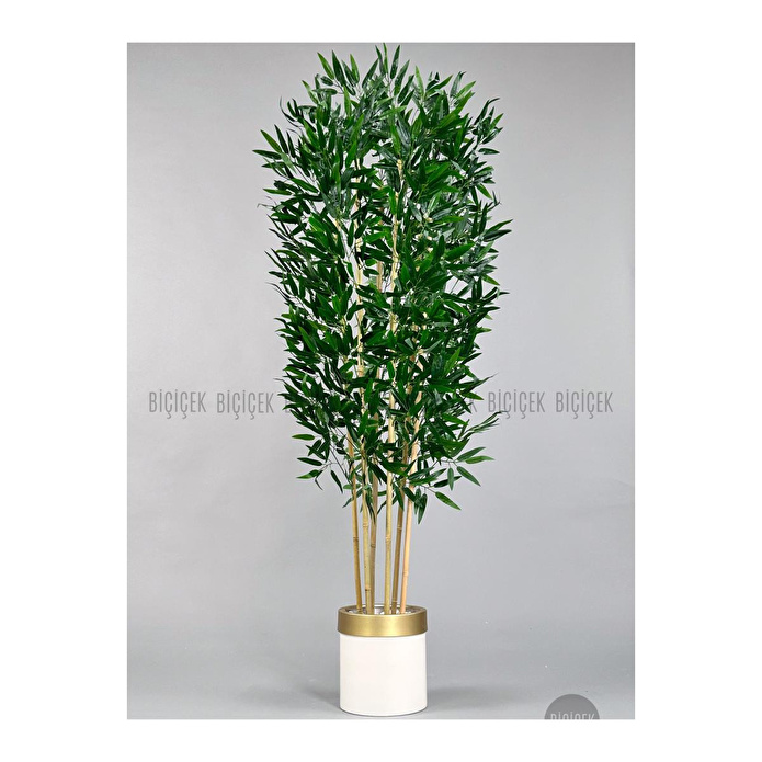 Biçiçek Yapay Bambu Ağacı 170cm Krem Metal Saksıda Gold