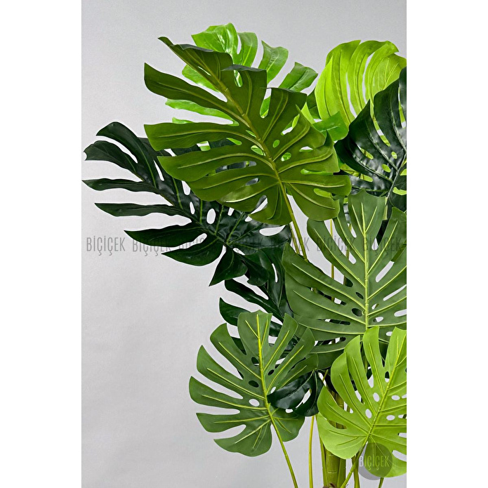Biçiçek Yapay Ağaç Monstera Bambu Gövdeli 150cm Devetabanı Ağacı Büyük Boy Antrasit Renk Yalı Saksıda
