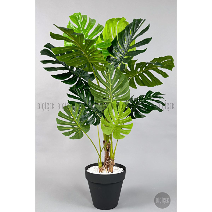 Biçiçek Yapay Ağaç Monstera Bambu Gövdeli 150cm Devetabanı Ağacı Büyük Boy Antrasit Renk Yalı Saksıda