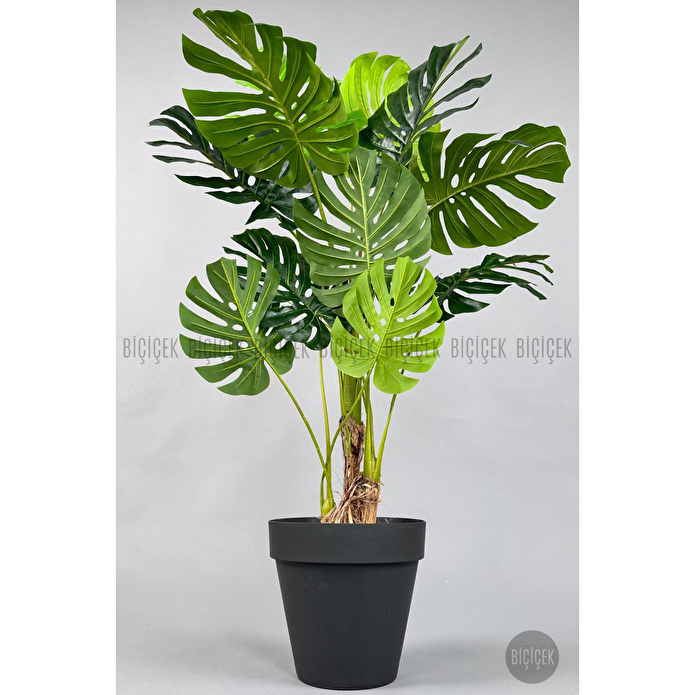 Biçiçek Yapay Ağaç Monstera Bambu Gövdeli 150cm Devetabanı Ağacı Büyük Boy Antrasit Renk Yalı Saksıda