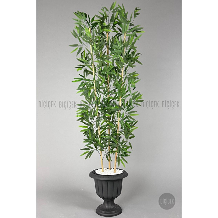 Biçiçek Yapay Bambu Ağacı 170cm Yoğun Yapraklı Antrasit Renk Nergis Saksıda