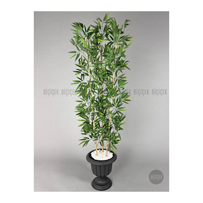 Biçiçek Yapay Bambu Ağacı 170cm Yoğun Yapraklı Antrasit Renk Nergis Saksıda