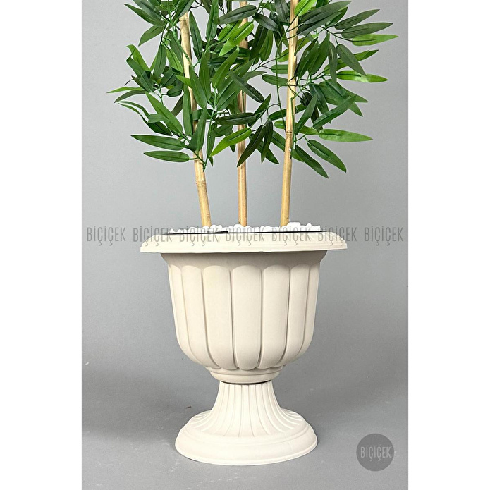 Biçiçek Yapay Bambu Ağacı 140cm Yoğun Yapraklı Kırık Beyaz Renk Nergis Saksıda