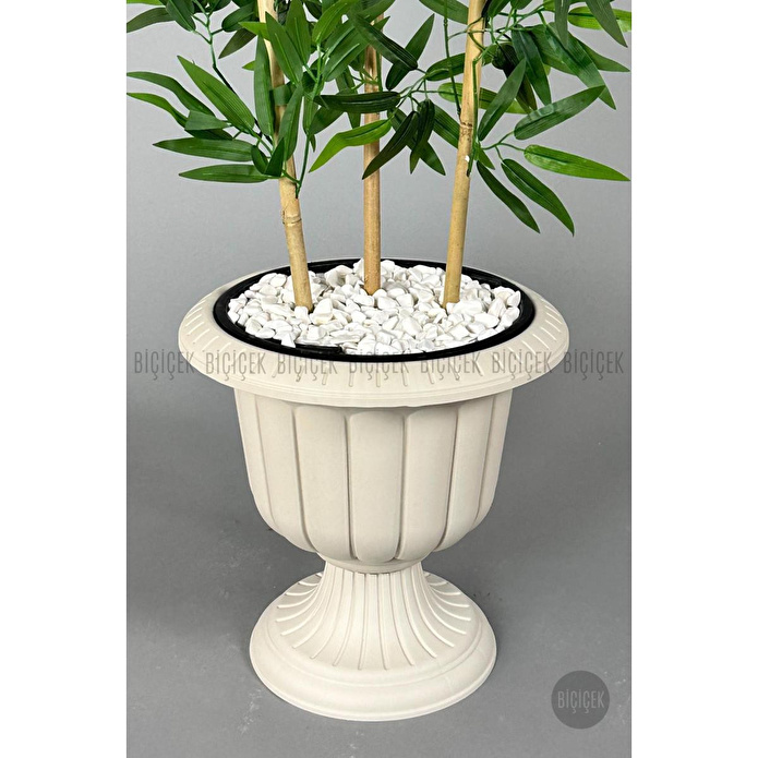 Biçiçek Yapay Bambu Ağacı 140cm Yoğun Yapraklı Kırık Beyaz Renk Nergis Saksıda