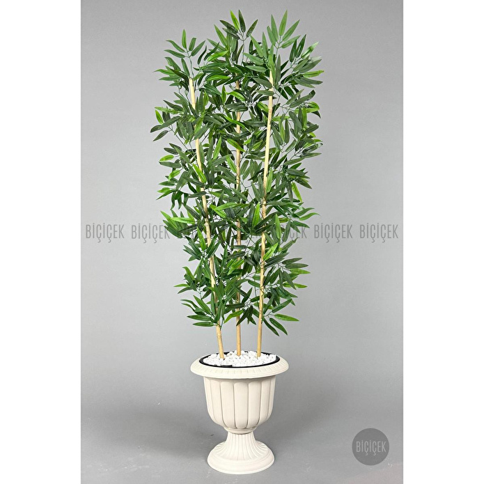 Biçiçek Yapay Bambu Ağacı 140cm Yoğun Yapraklı Kırık Beyaz Renk Nergis Saksıda