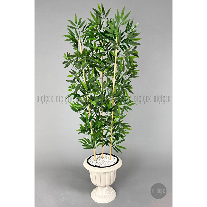 Biçiçek Yapay Bambu Ağacı 140cm Yoğun Yapraklı Kırık Beyaz Renk Nergis Saksıda