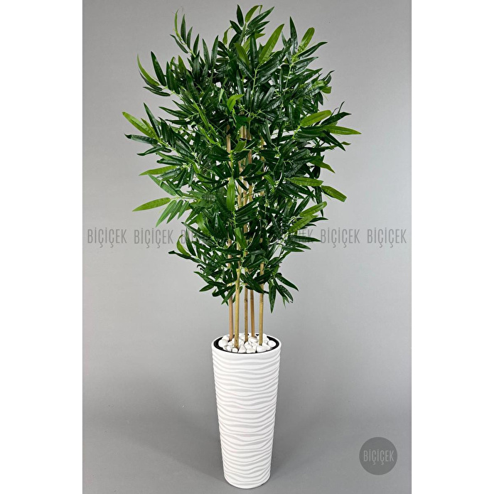 Biçiçek Yapay Bambu Ağacı 185cm Büyük Yapraklı 5 Bambulu Beyaz Renk Kumsal Saksıda Yapay Ağaç
