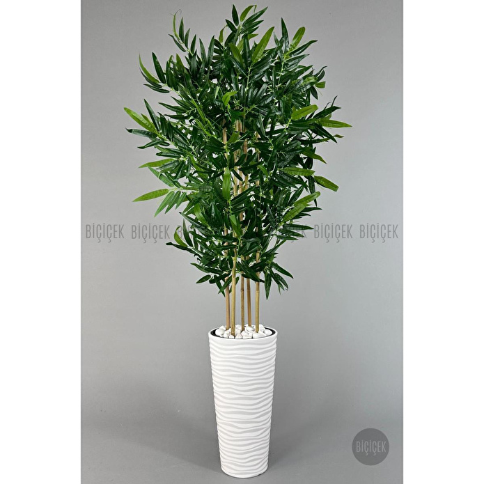 Biçiçek Yapay Bambu Ağacı 185cm Büyük Yapraklı 5 Bambulu Beyaz Renk Kumsal Saksıda Yapay Ağaç
