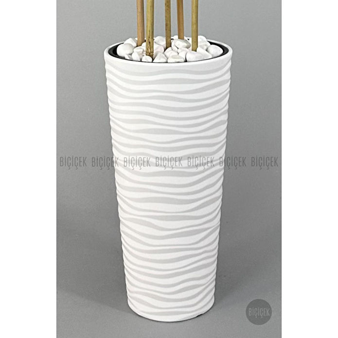 Biçiçek Yapay Bambu Ağacı 185cm Büyük Yapraklı 5 Bambulu Beyaz Renk Kumsal Saksıda Yapay Ağaç