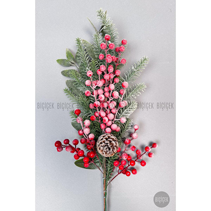 Biçiçek Karli Koki̇na 80 Cm 120 Meyveli̇ Ve Kozalakli Yilbaşi Bi̇tki̇si̇ Tek Dal