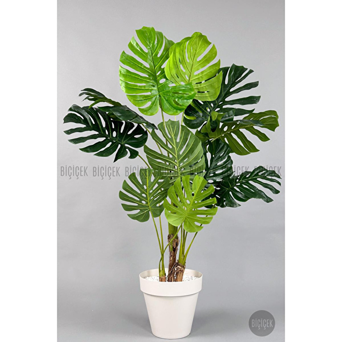Biçiçek Yapay Ağaç Monstera Bambu Gövdeli 150cm Devetabanı Ağacı Büyük Boy Kırıkbeyaz Renk Yalı Saksıda
