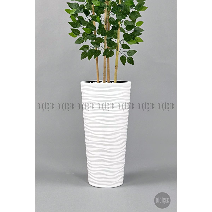 Biçiçek Yapay Benjamin Ağacı 180cm Yoğun Yapraklı Bambu Gövdeli Beyaz Renk Kumsal Saksıda